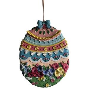 Hand Painted Ceramic Colorful Floral Decorative Hanging Easter Egg 8” x 6”